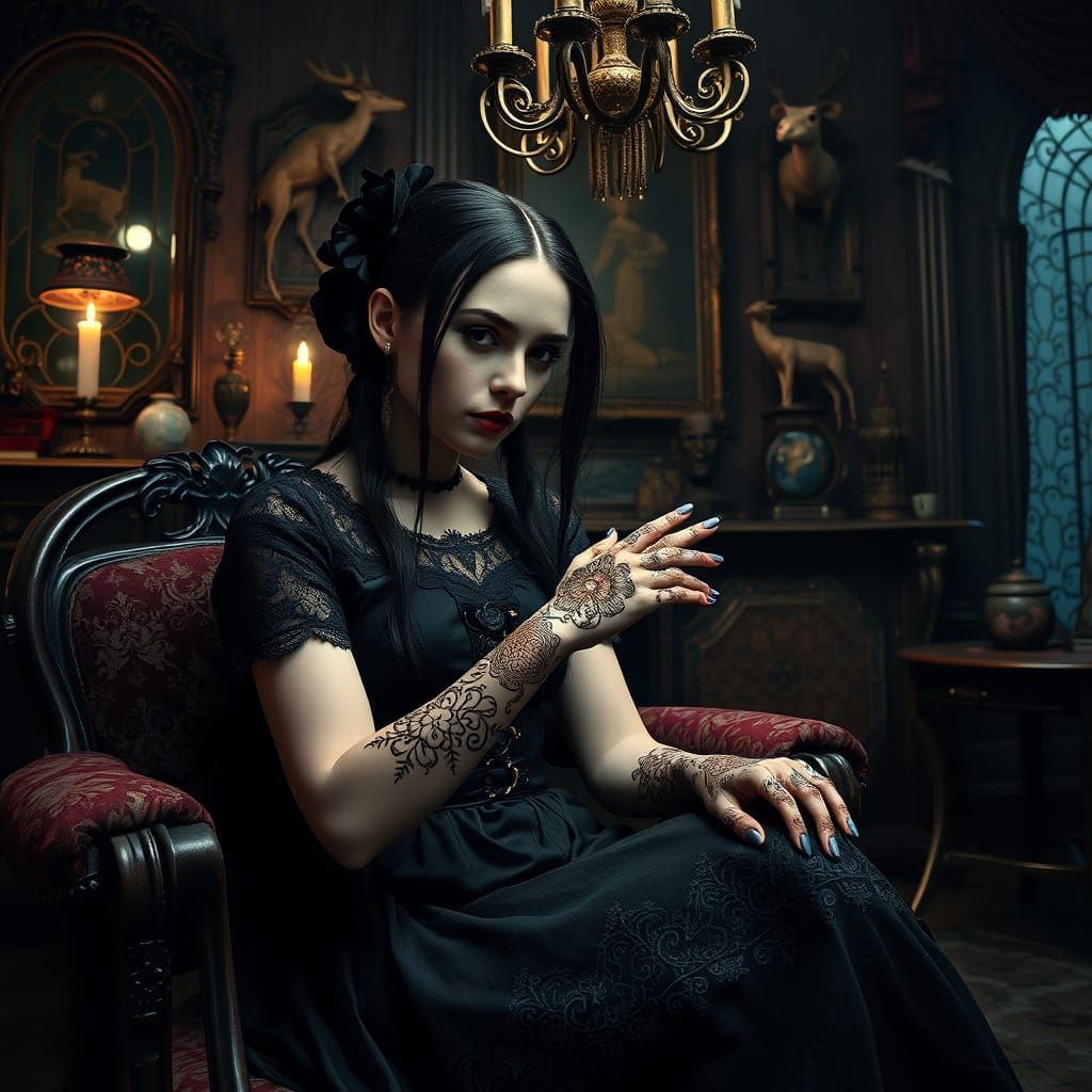 Wednesday Addams Enchants with Intricate Henna Design in Whi...