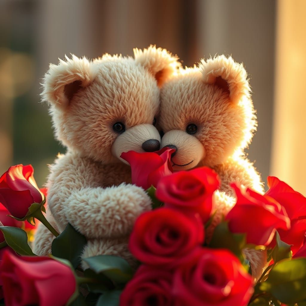 Valentine's bear couple with red roses