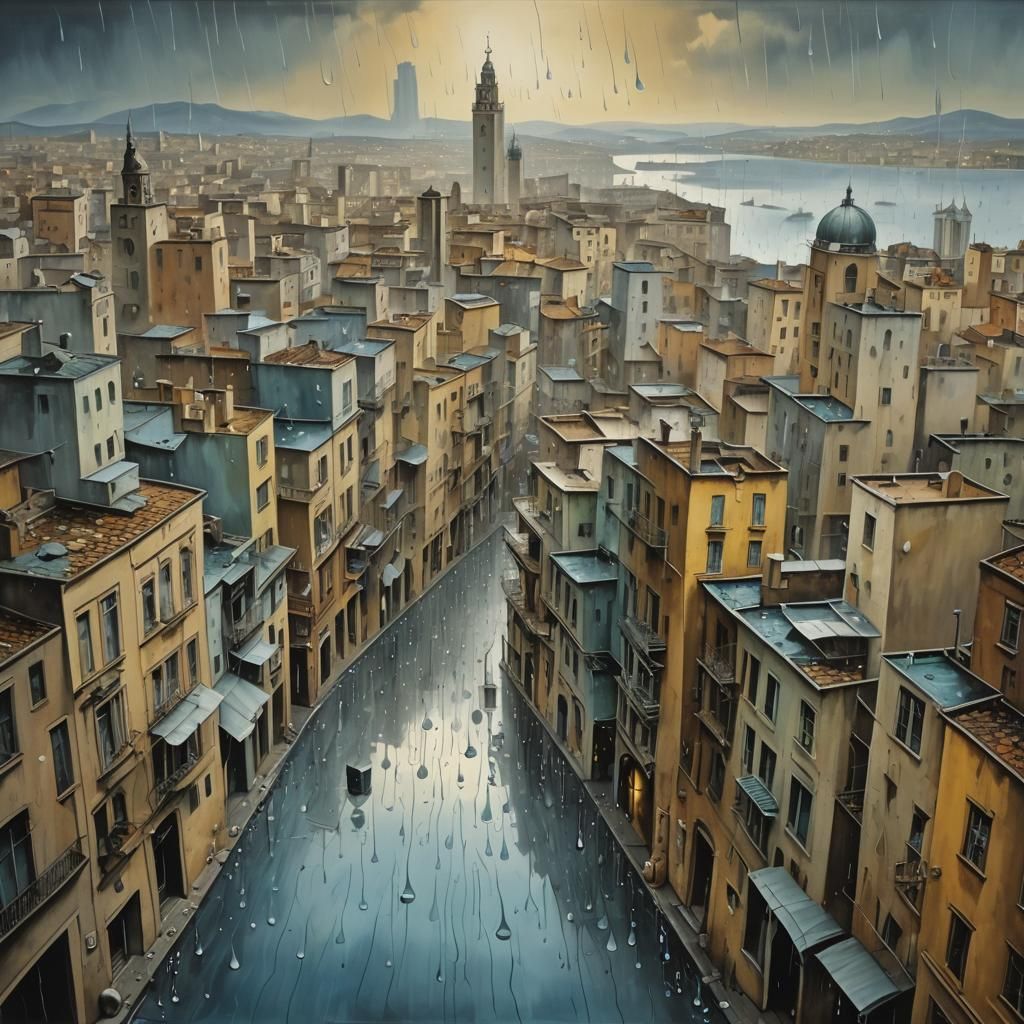 Surreal Cityscape with Giant Raindrops, Dali Style