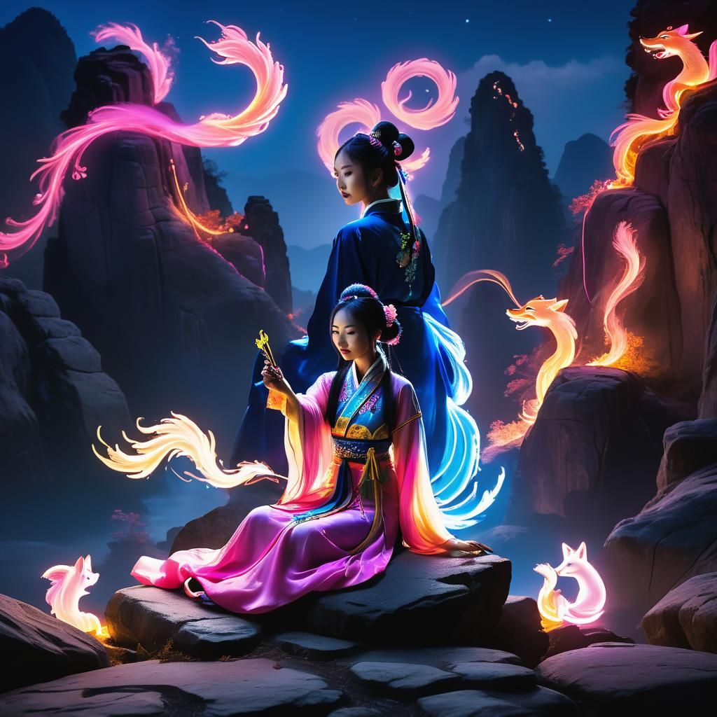 Neon Chinese Girl with Guzheng in Ethereal Landscape