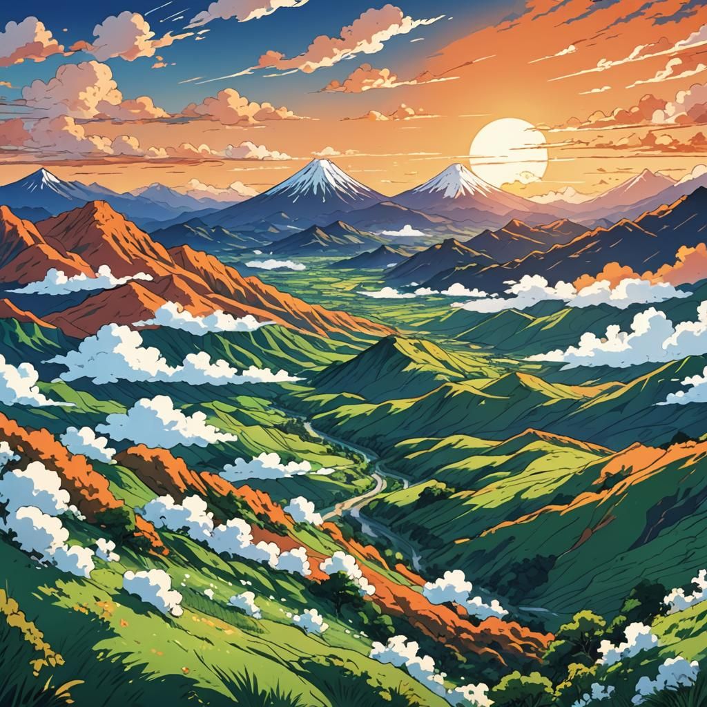 Majestic Green Mountain Sunset in Vibrant Manga Style