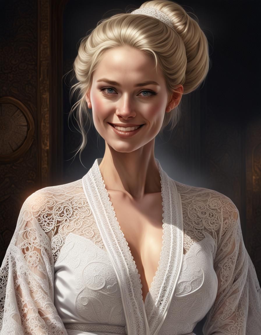 Elegant Countess in Crochet Kimono: Hyperrealistic Digital A...
