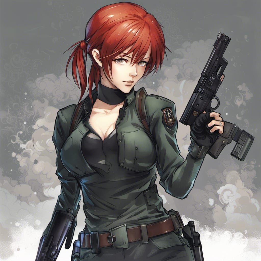 Red-Haired Girl with Gun in Anime Style