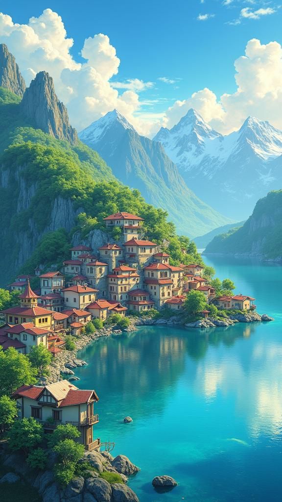 Serene Lakeside Town in Anime Style