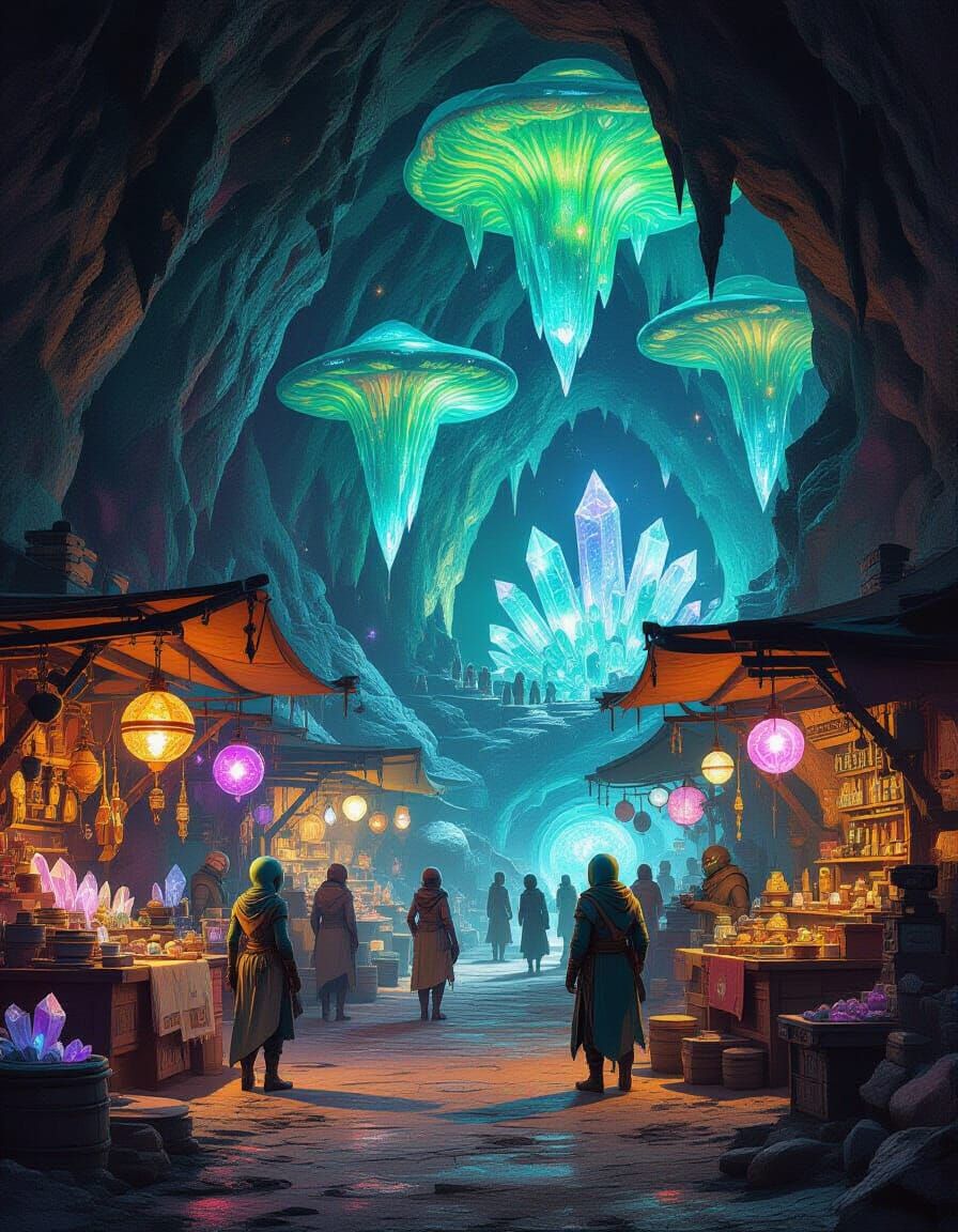 Bustling Alien Marketplace in Bioluminescent Cave