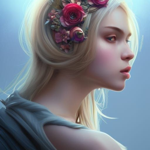 Blonde Girl with Flowers Portrait in Digital Art Style