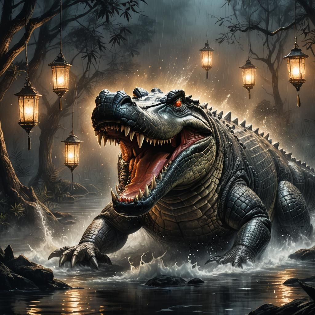 Crocodile Emerges in Mystical Charcoal Drawing