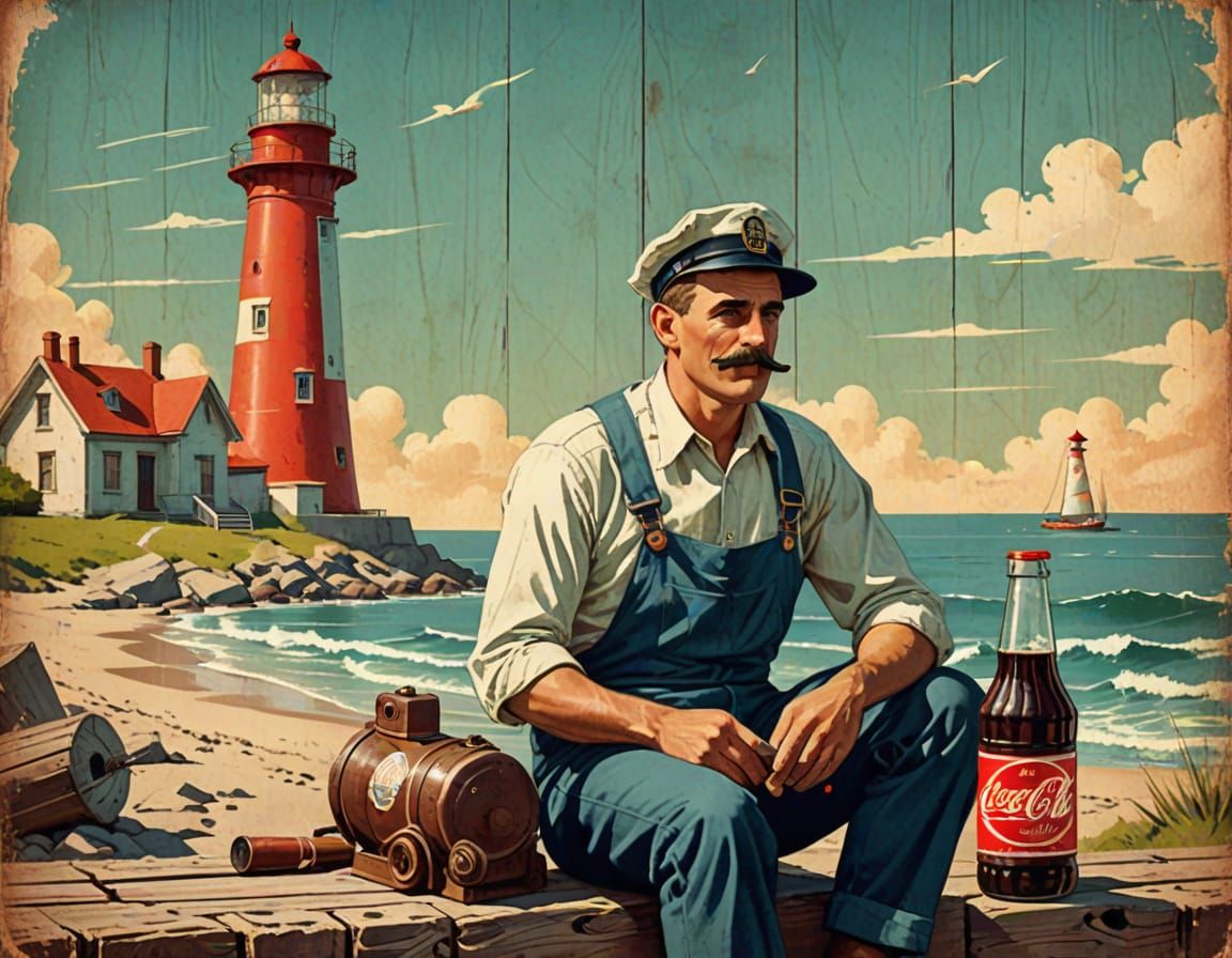 Classic Lighthouse Scene in Retro Coca-Cola Poster Style