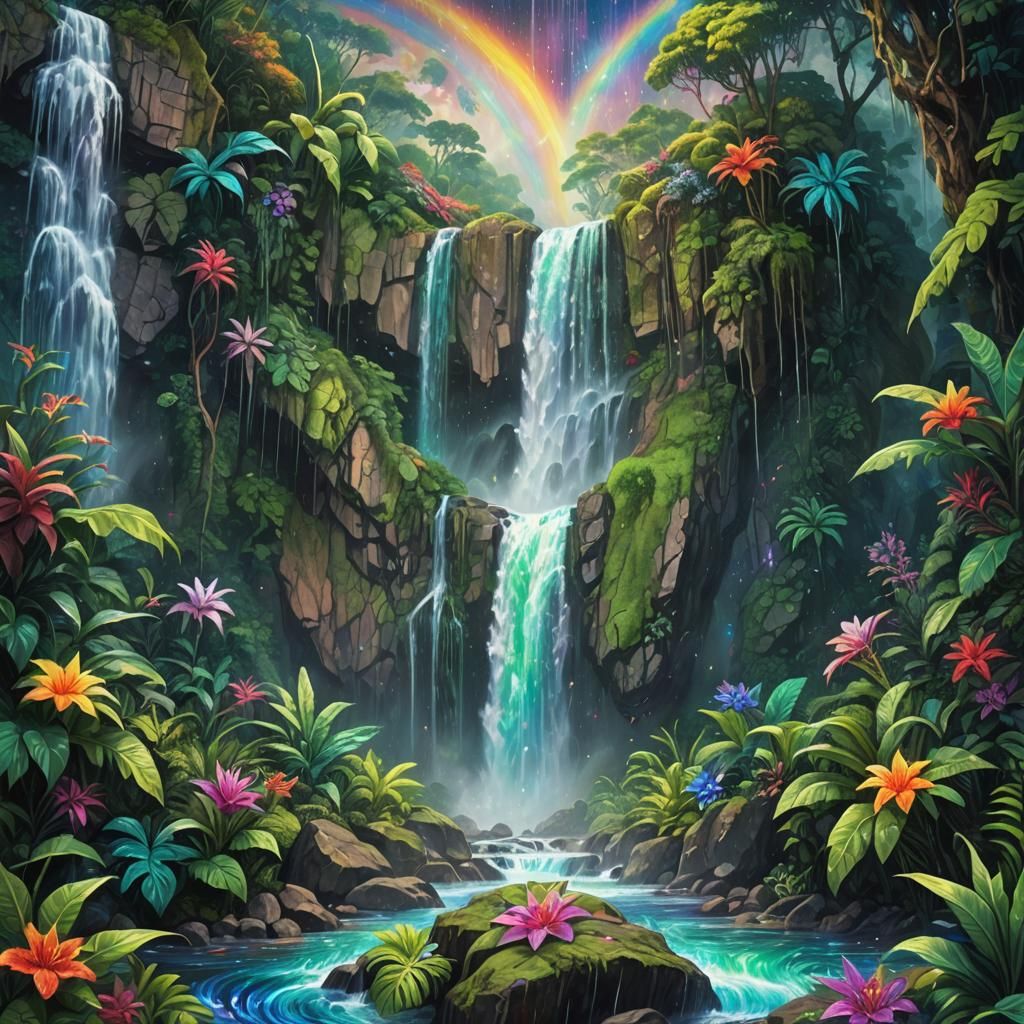 Luminescent Waterfall in Psychedelic Astral Forest