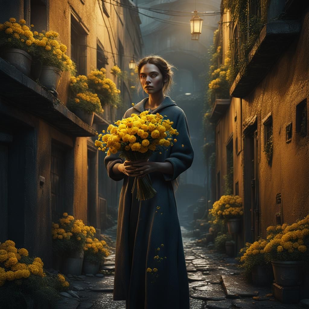 Woman with Flowers in Dark Alley: Digital Art