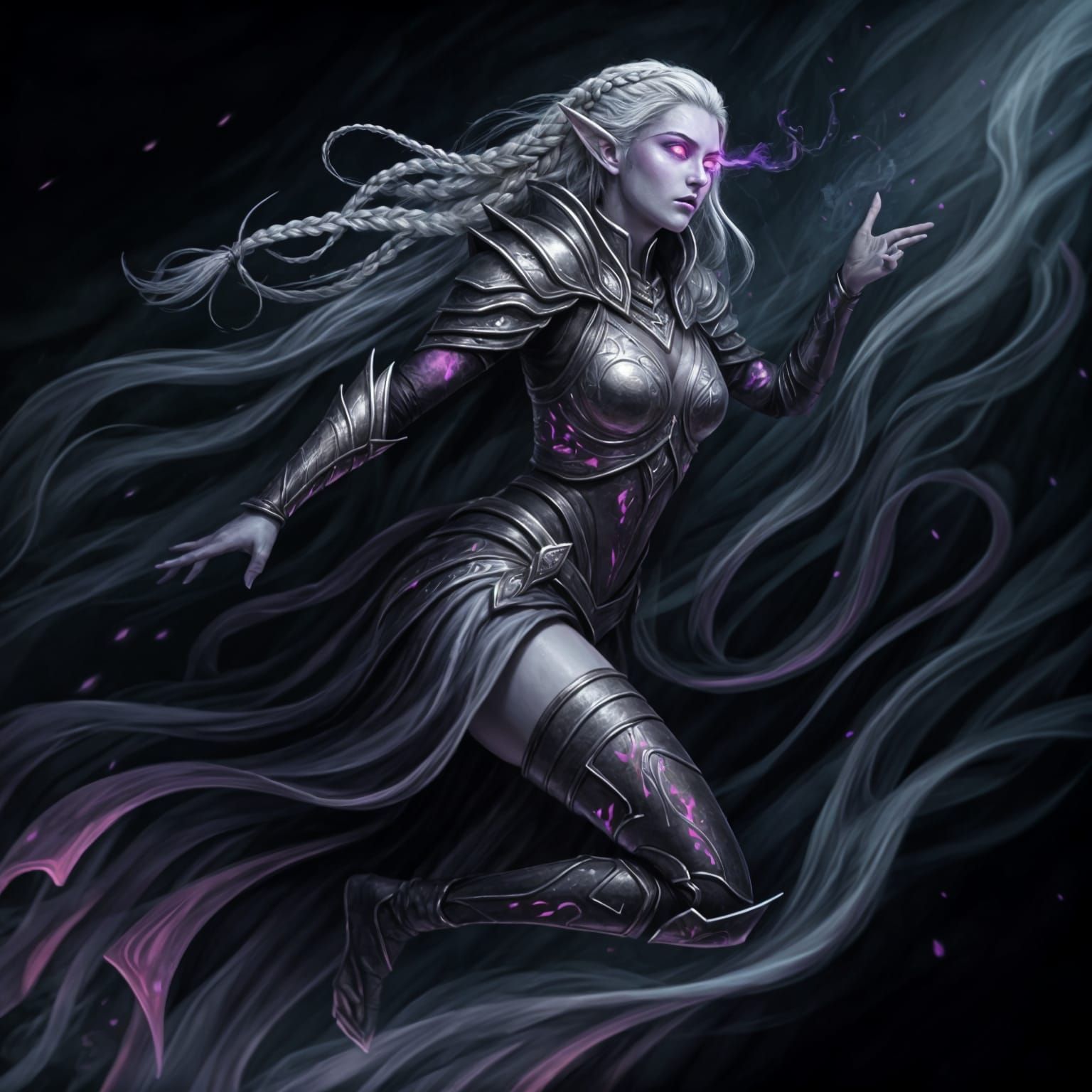 Drow Assassin Leaping with Runes and Mist Armor