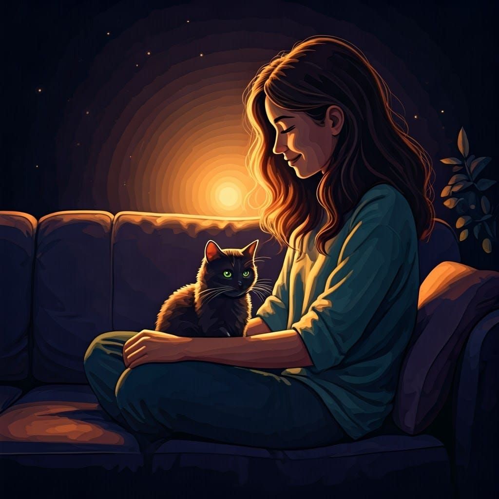Cozy Evening with a Happy Cat in a Digital Illustration