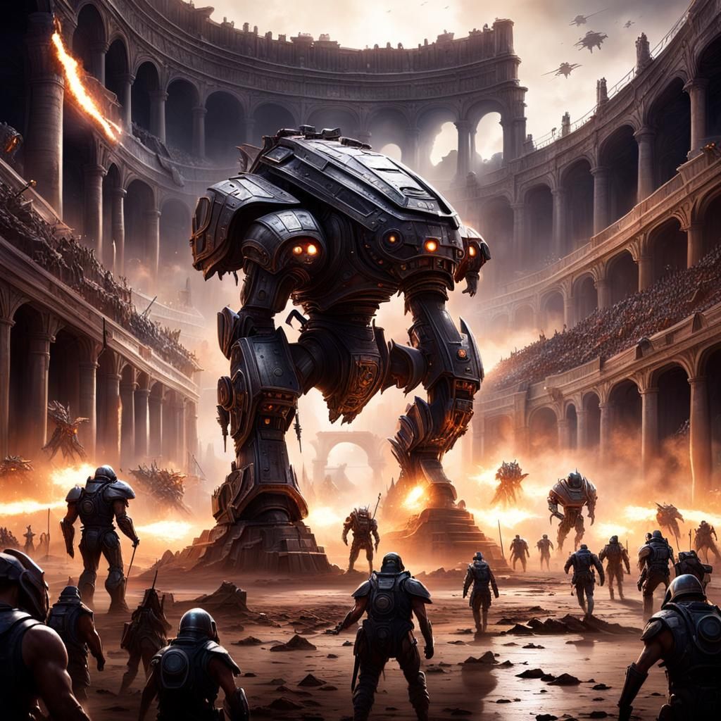 Epic Sci-Fi Alien Gladiator in a Polished Metal Coliseum