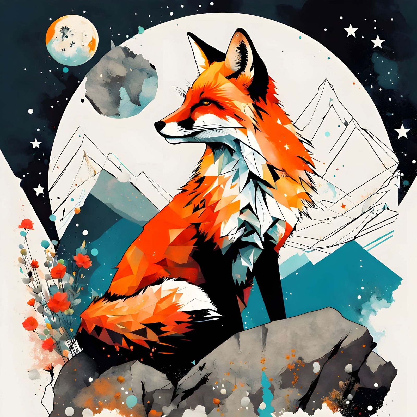 Majestic Fox with Mountains and Stars