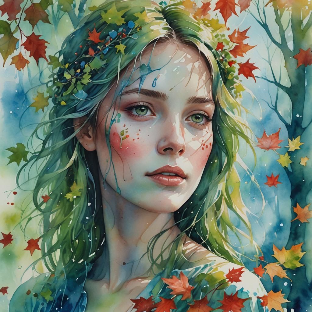 Surreal Woman Portrait Blending with Landscape, Watercolor S...