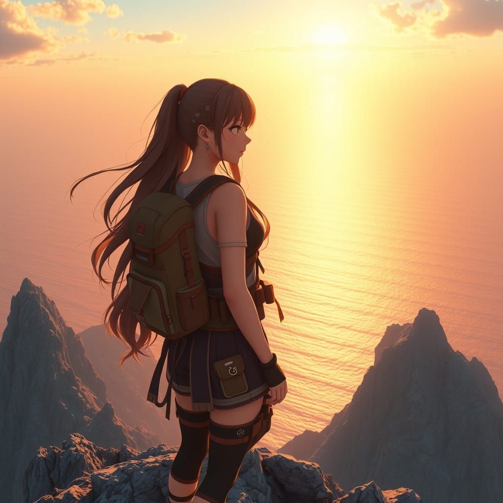 Young Adventurer Stands at Mountain Summit, Gazing Out at Sh...