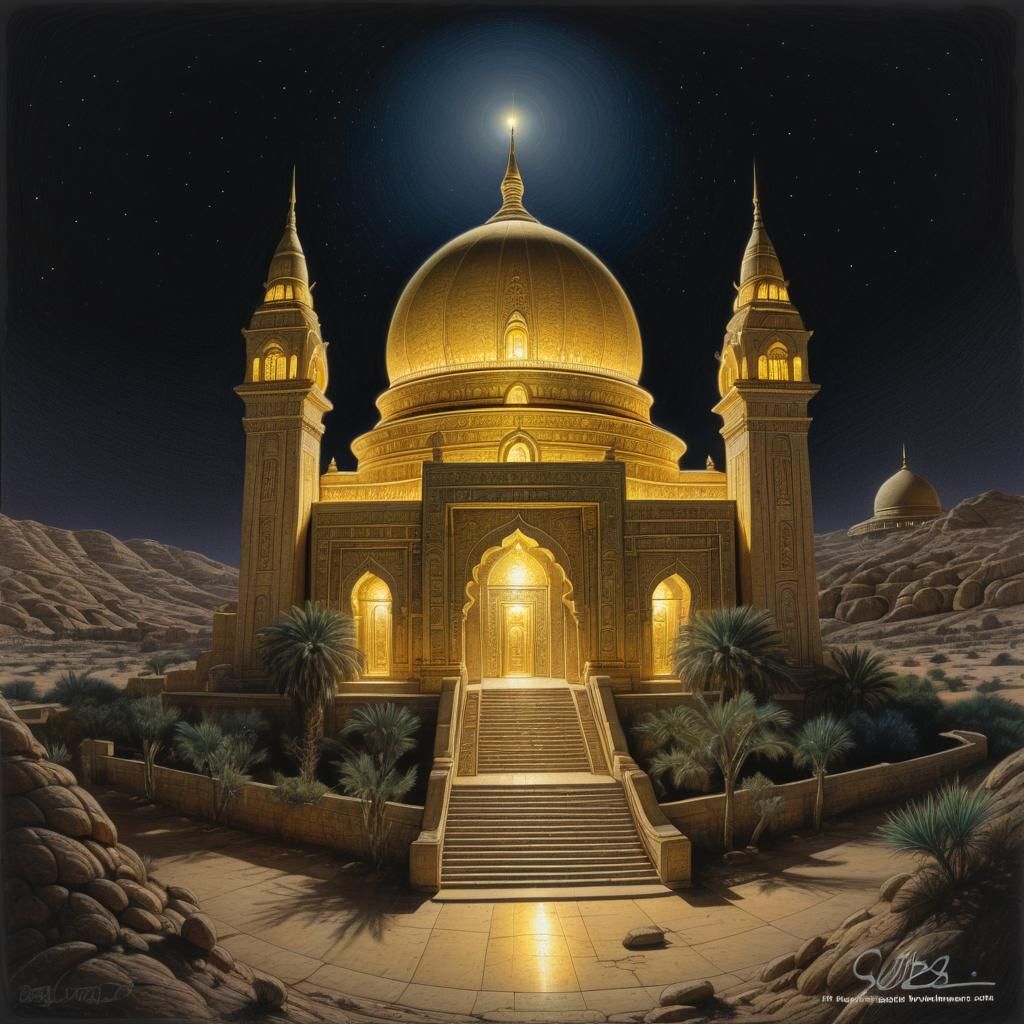 Golden Temple of Tarim in Vibrant Colored Pencil Style