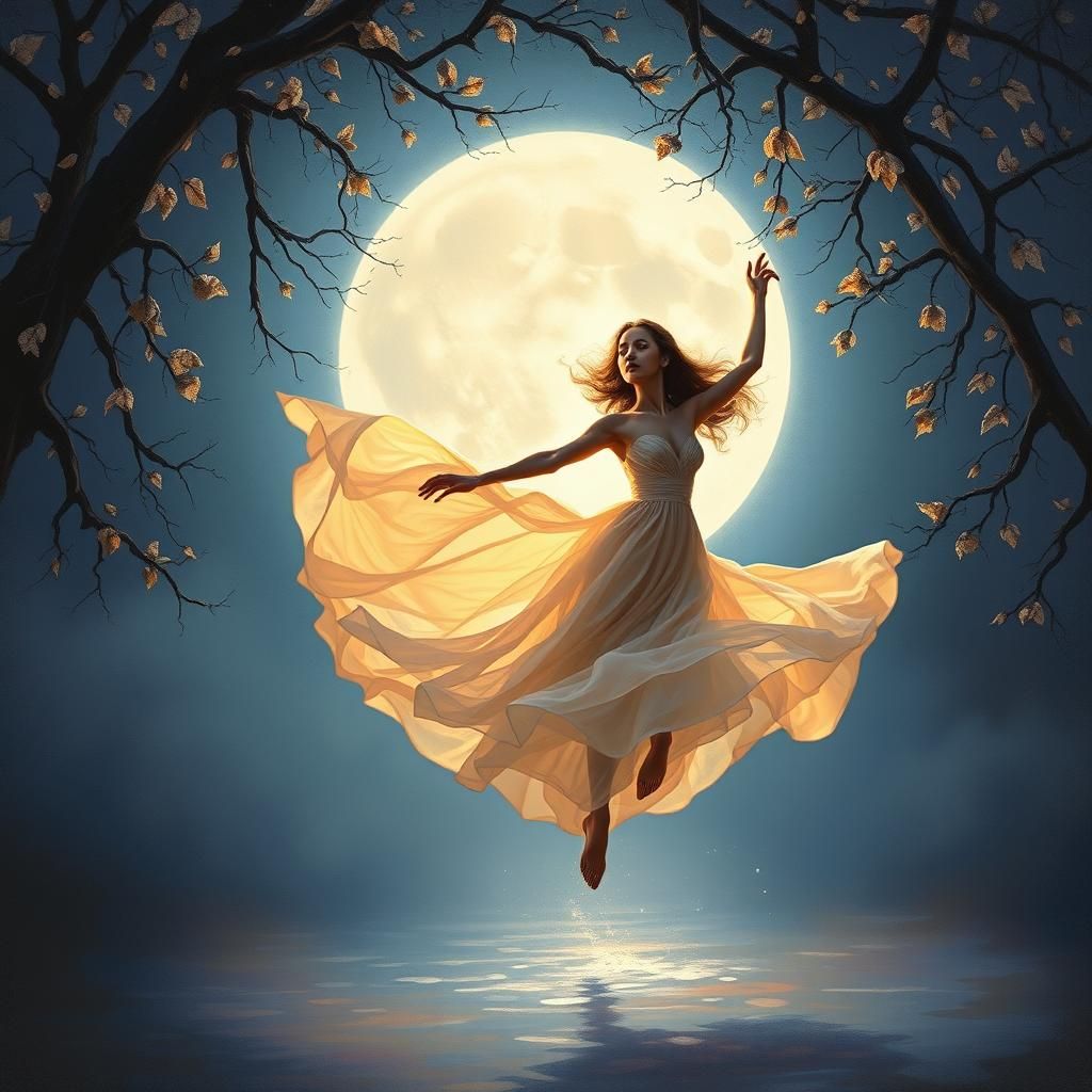 Ethereal Dancer Under the Moon in Impressionist Style