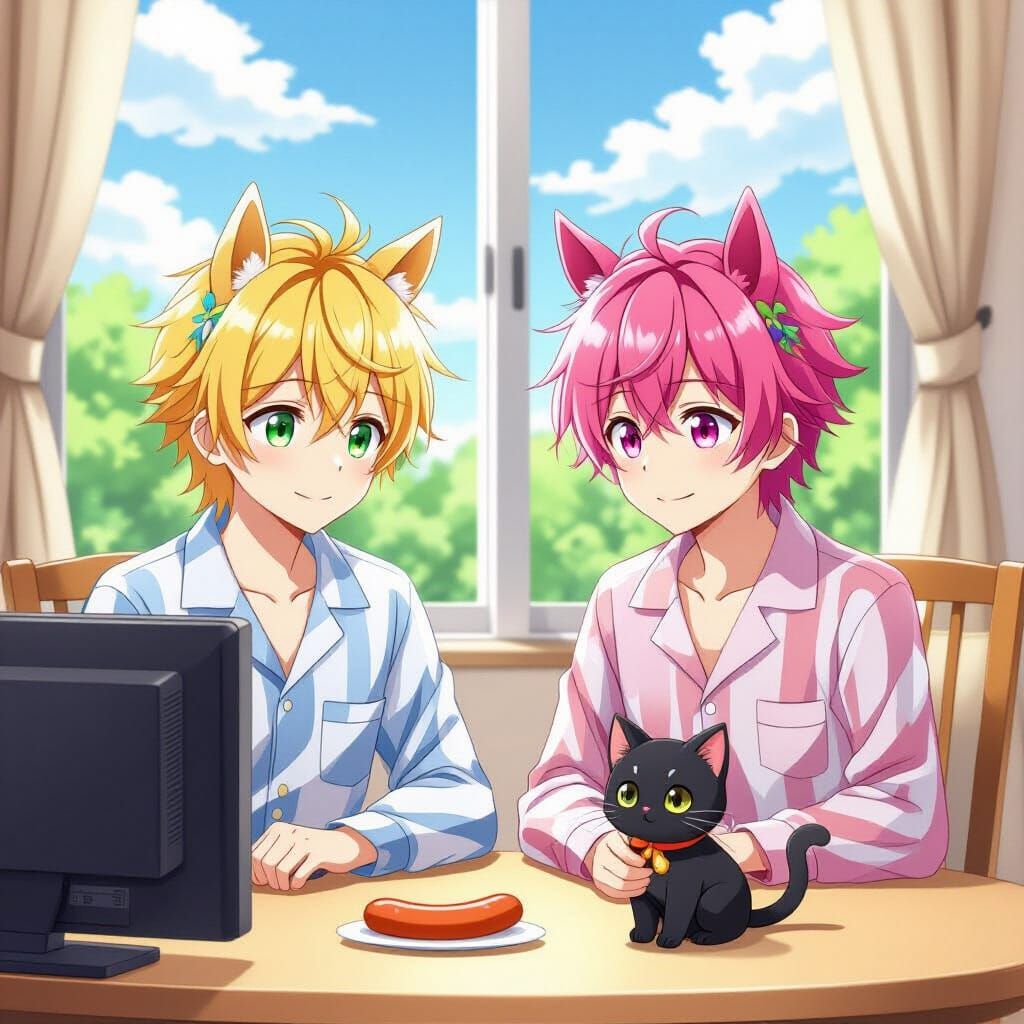 Anime Boys with Horse Ears Watch TV with Kitten