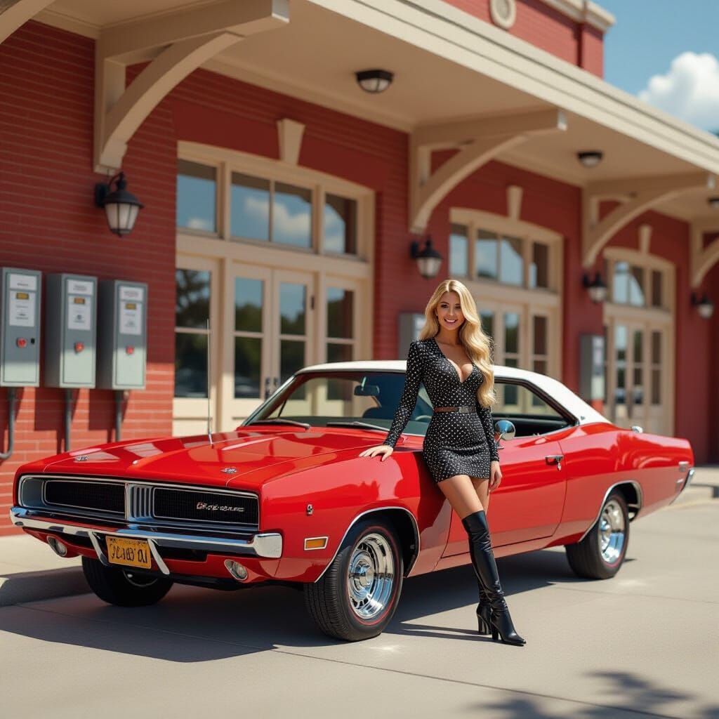 Vintage Dodge Charger with Woman, Retro-Futuristic Style