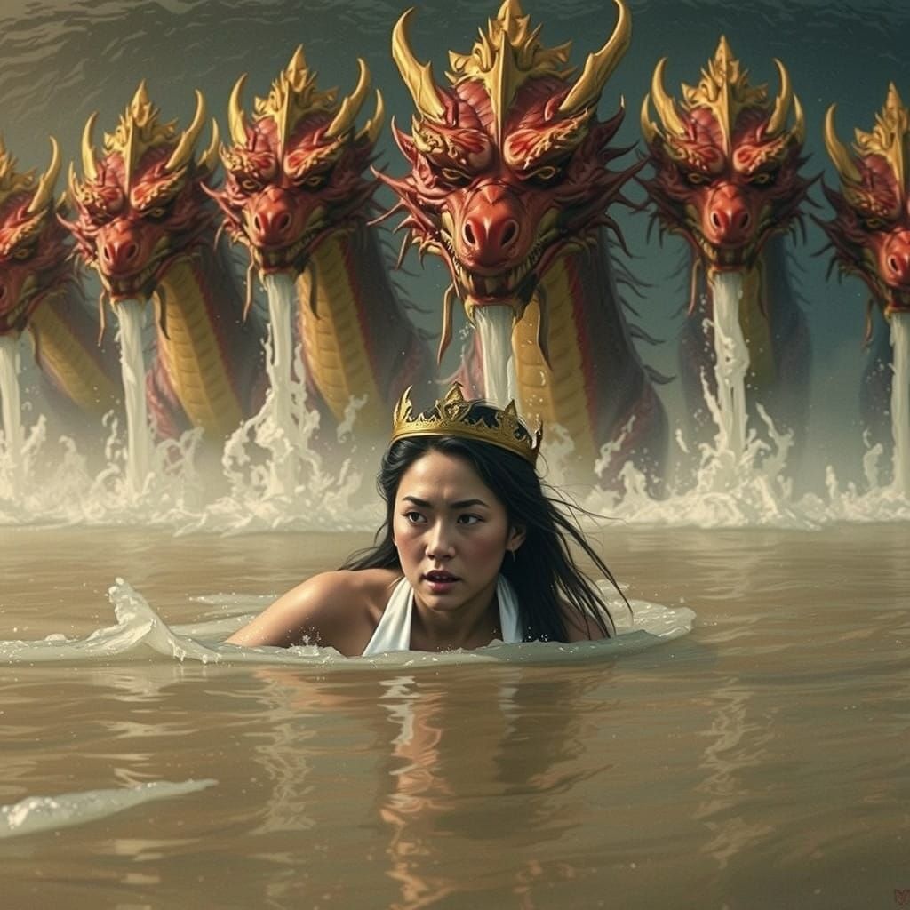 Fiery Red Dragon Confronts a Frightened Woman in a Turbulent...