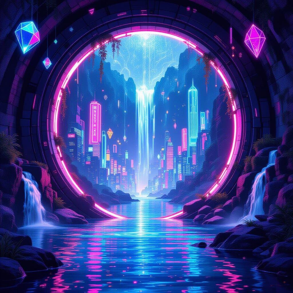 Neon Waterfalls Cascade Through Stone Portal City