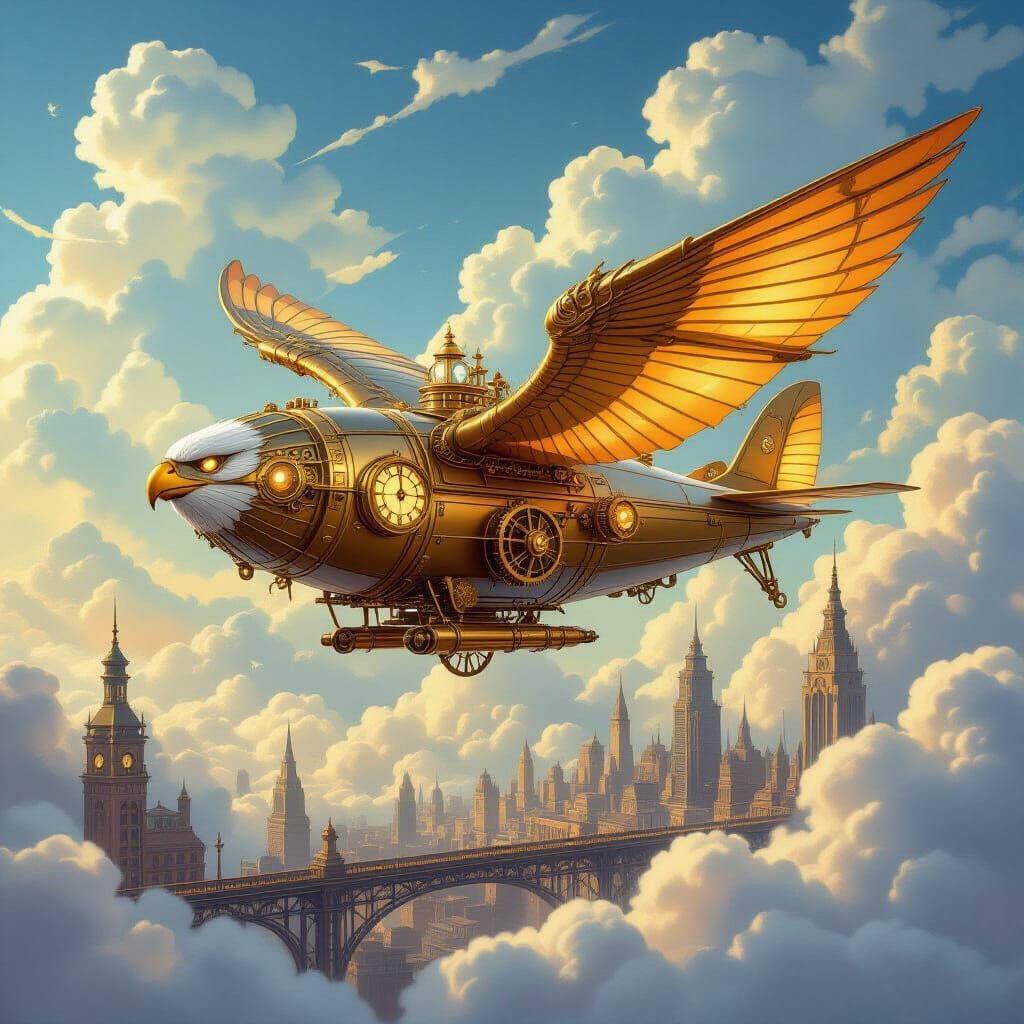 Griffin Airship Soaring Above Victorian City in Steampunk St...