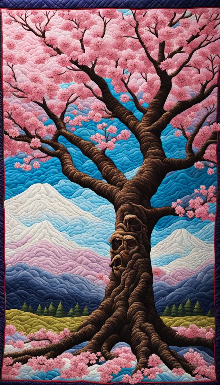 Detailed Cherry Blossom Tree Quilt in 8k