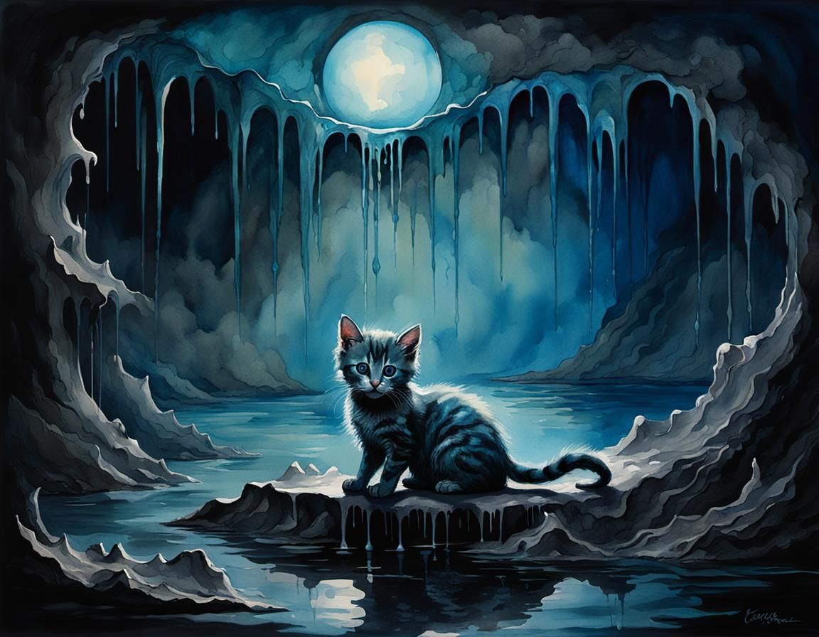 Iridescent Kitten: Surreal Watercolor Abstract in Blue