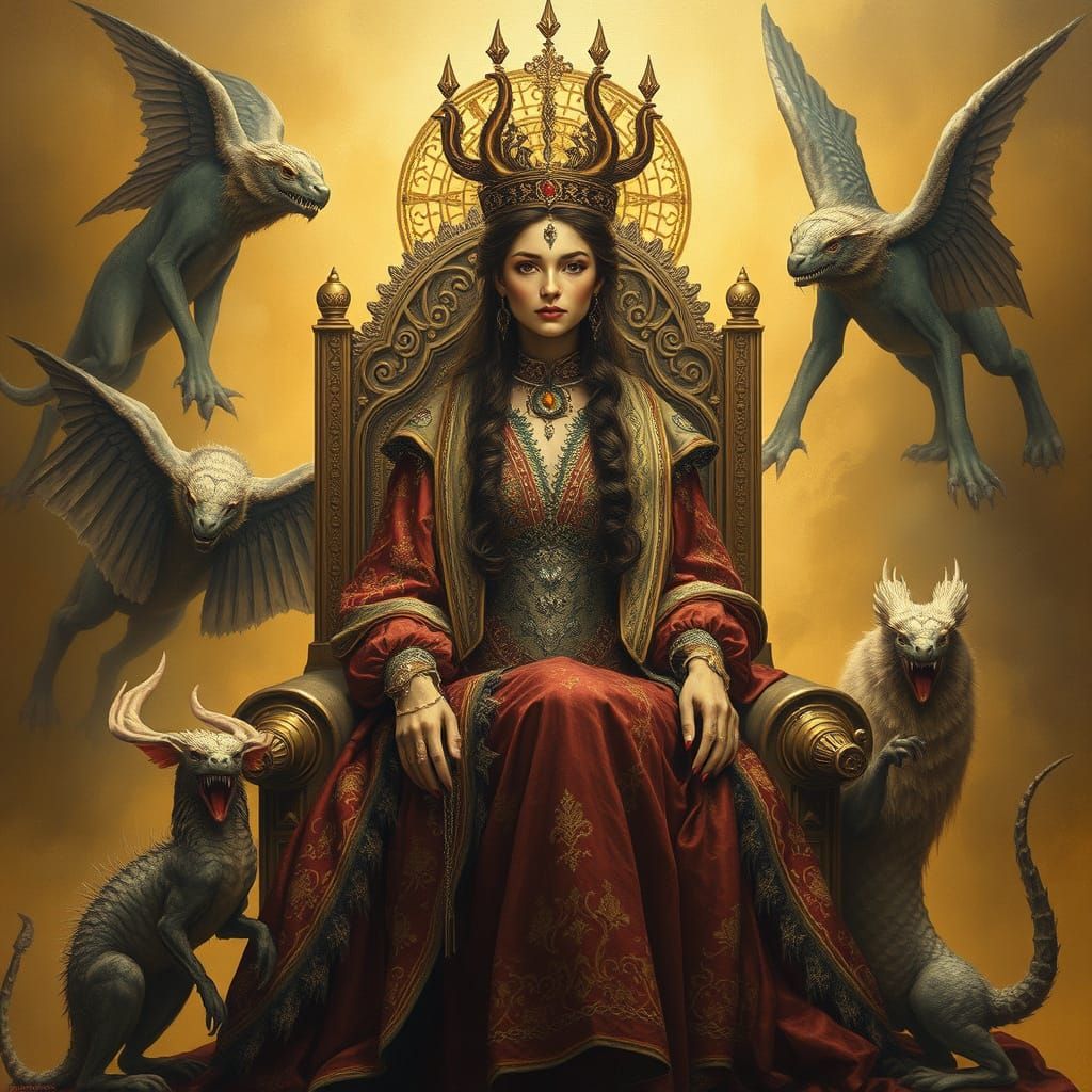 Mystical Queen on Throne in Surrealist Style