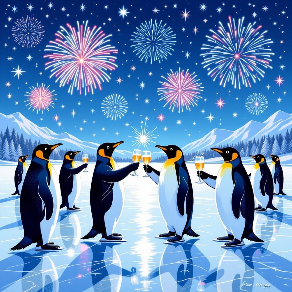 Penguins and Seals Celebrate New Year on Frozen Lake
