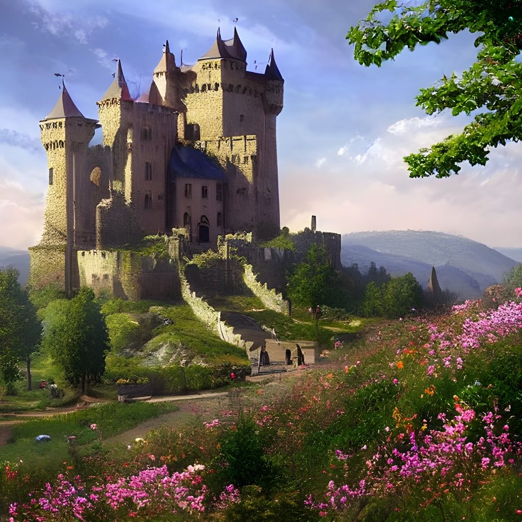 Romanesque Castle with Wildflowers: Detailed Matte Painting