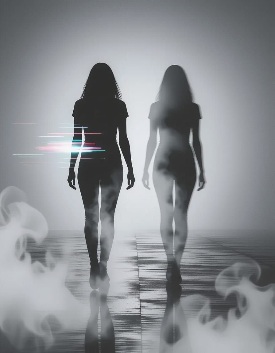 Monochrome Woman in Liminal Void with Double Exposure