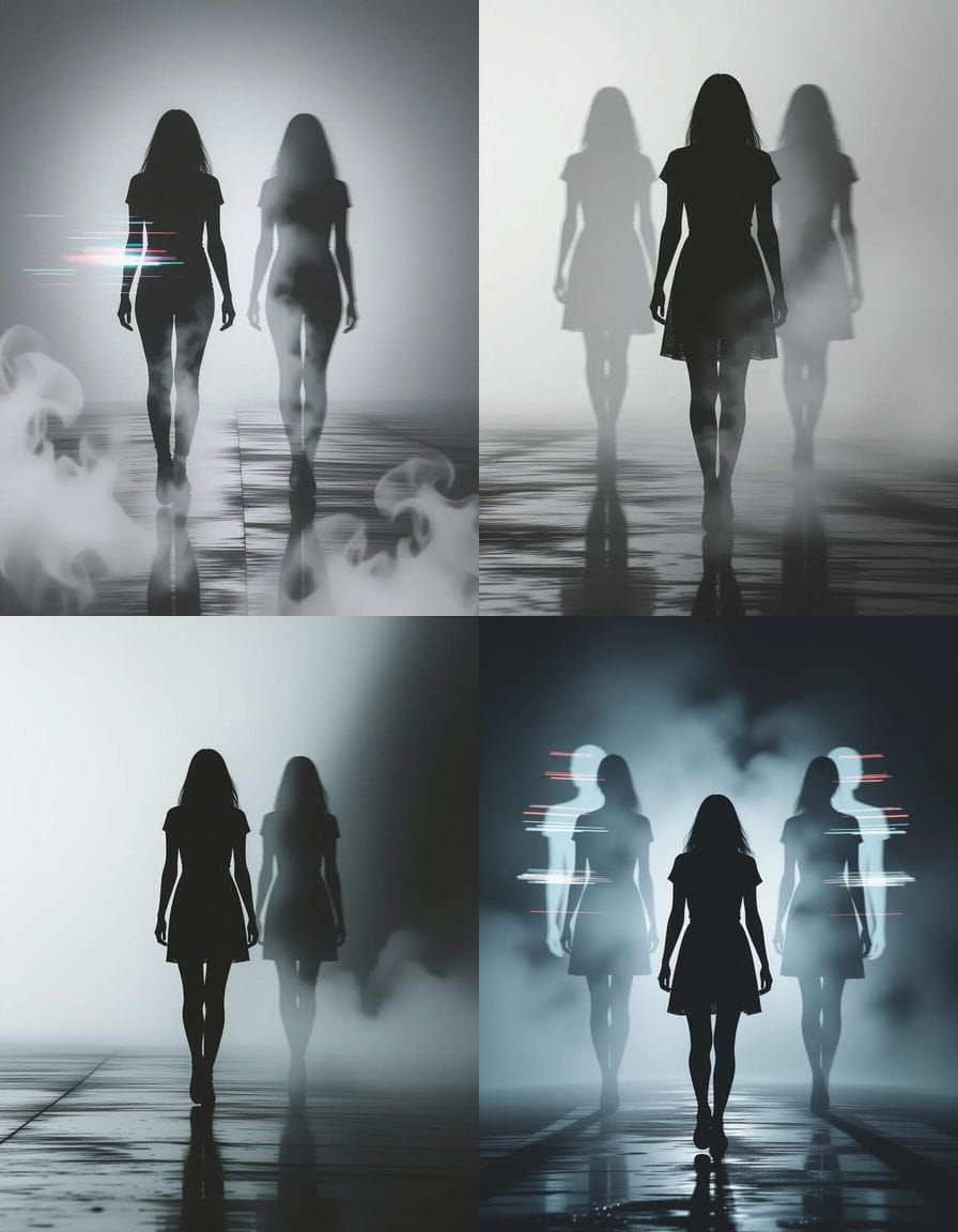 Monochrome Woman in Liminal Void with Double Exposure