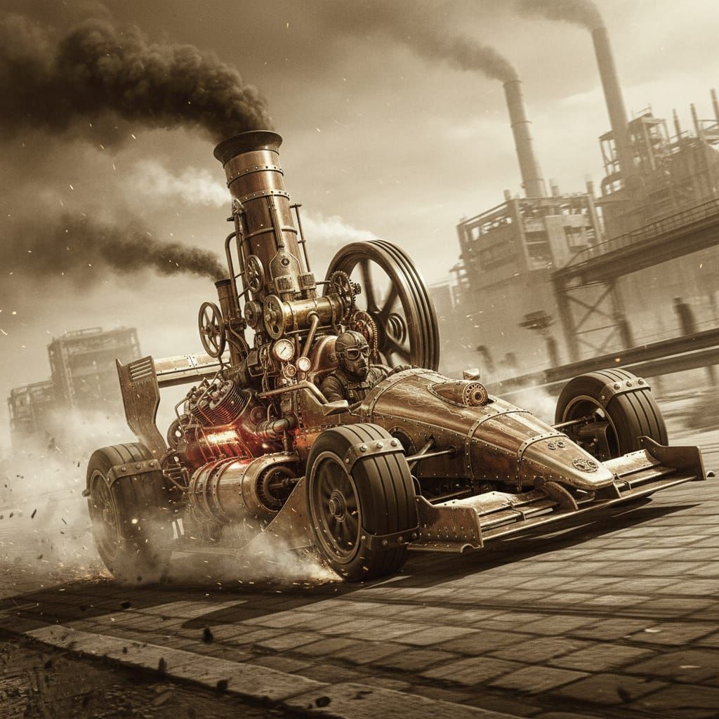 Steampunk F1 Race Car Speeds On Track in Cinematic Style