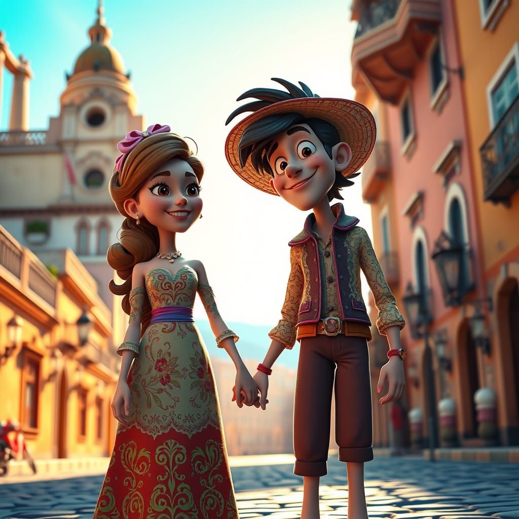 Disney-Inspired Couple in Vibrant Spanish Cityscape