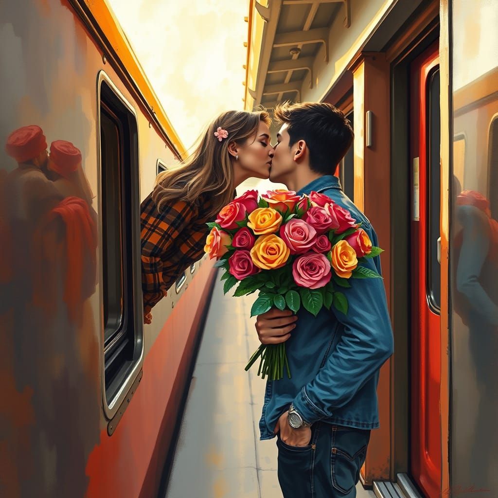 Couple's Farewell Kiss at Train Station in Gouache Style