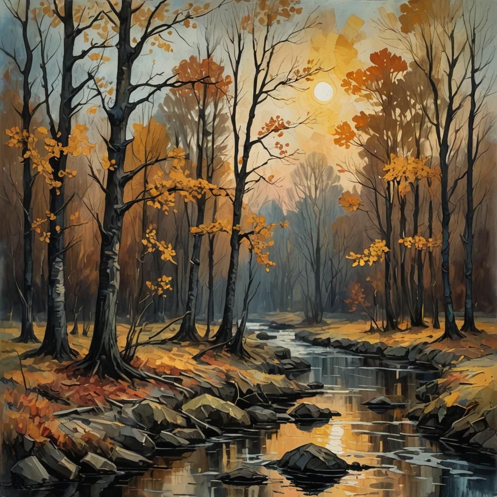 Impasto Oil Painting of River at Moody Sunset