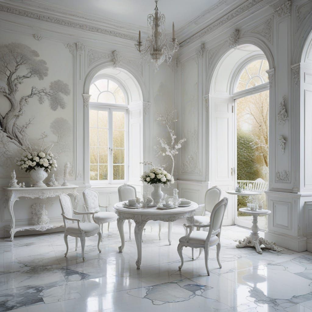 Monochromatic White Room with Marble Furniture