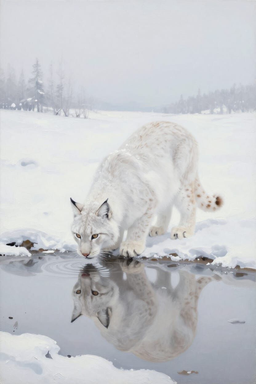 White Lynx Drinks in Pristine Winter Landscape