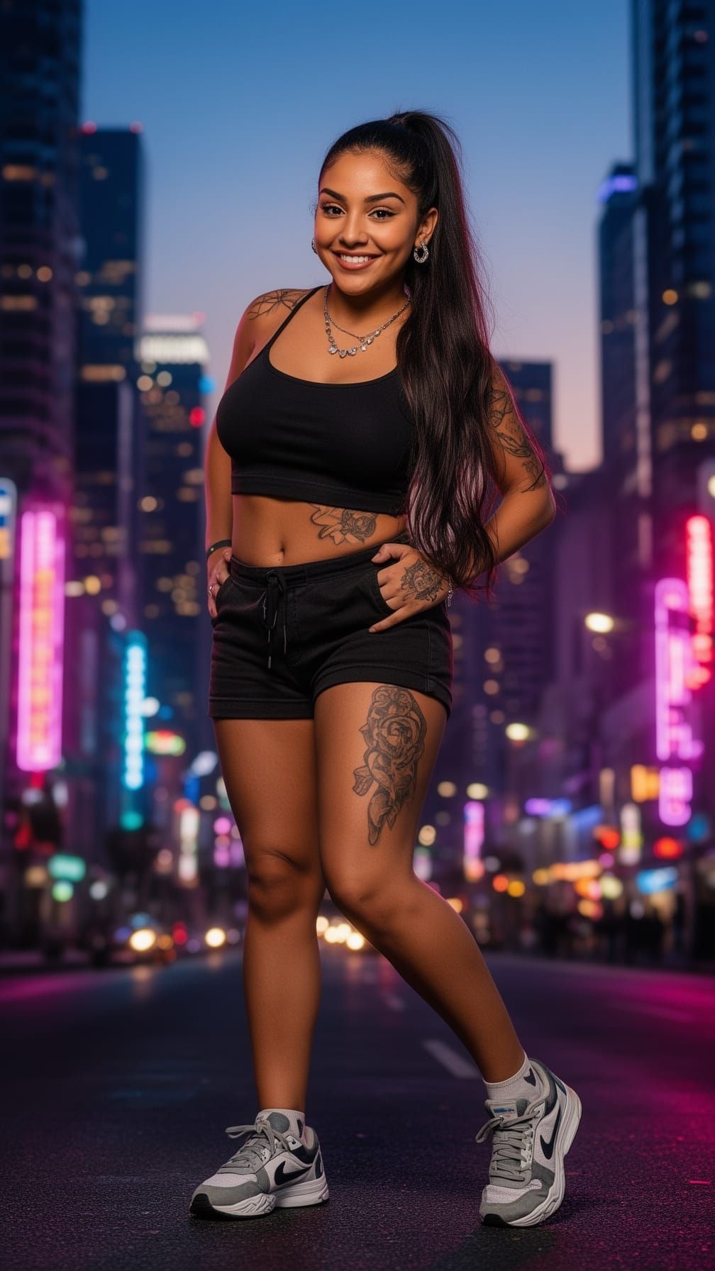 Latina Woman Poses Against City Skyline at Dusk