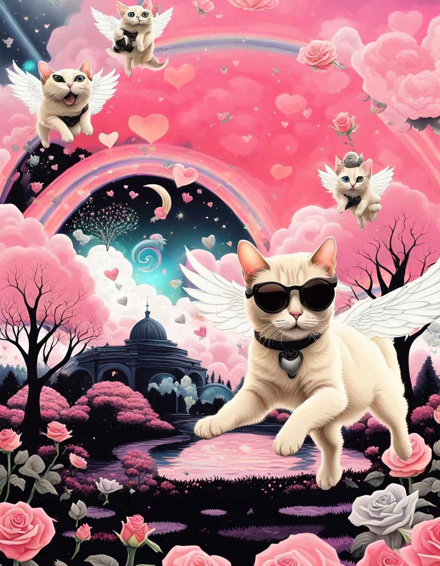 Mystical Cat with Wings in Psychedelic Garden