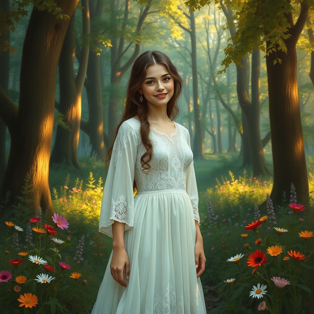 Ethereal Woman in Forest, Pre-Raphaelite Style