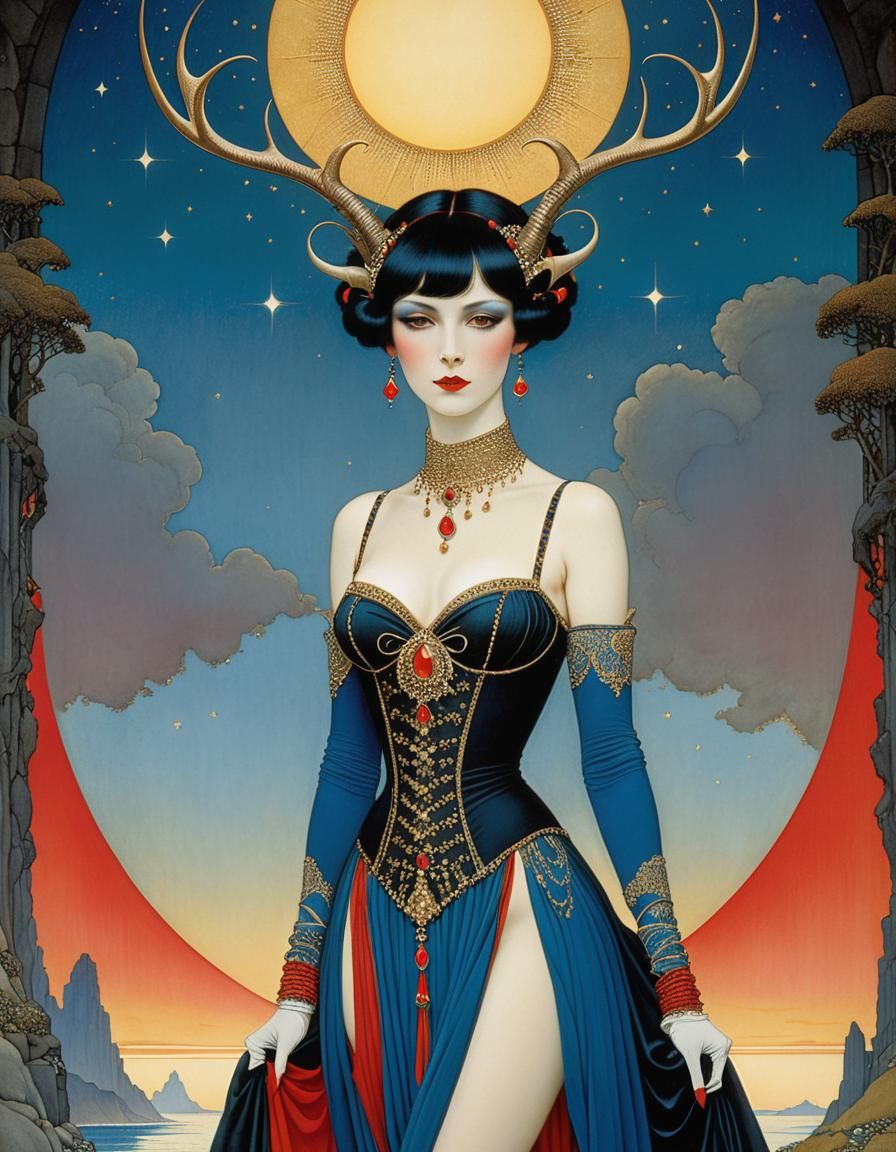 Woman with Antlers in Pen and Ink Comic Style