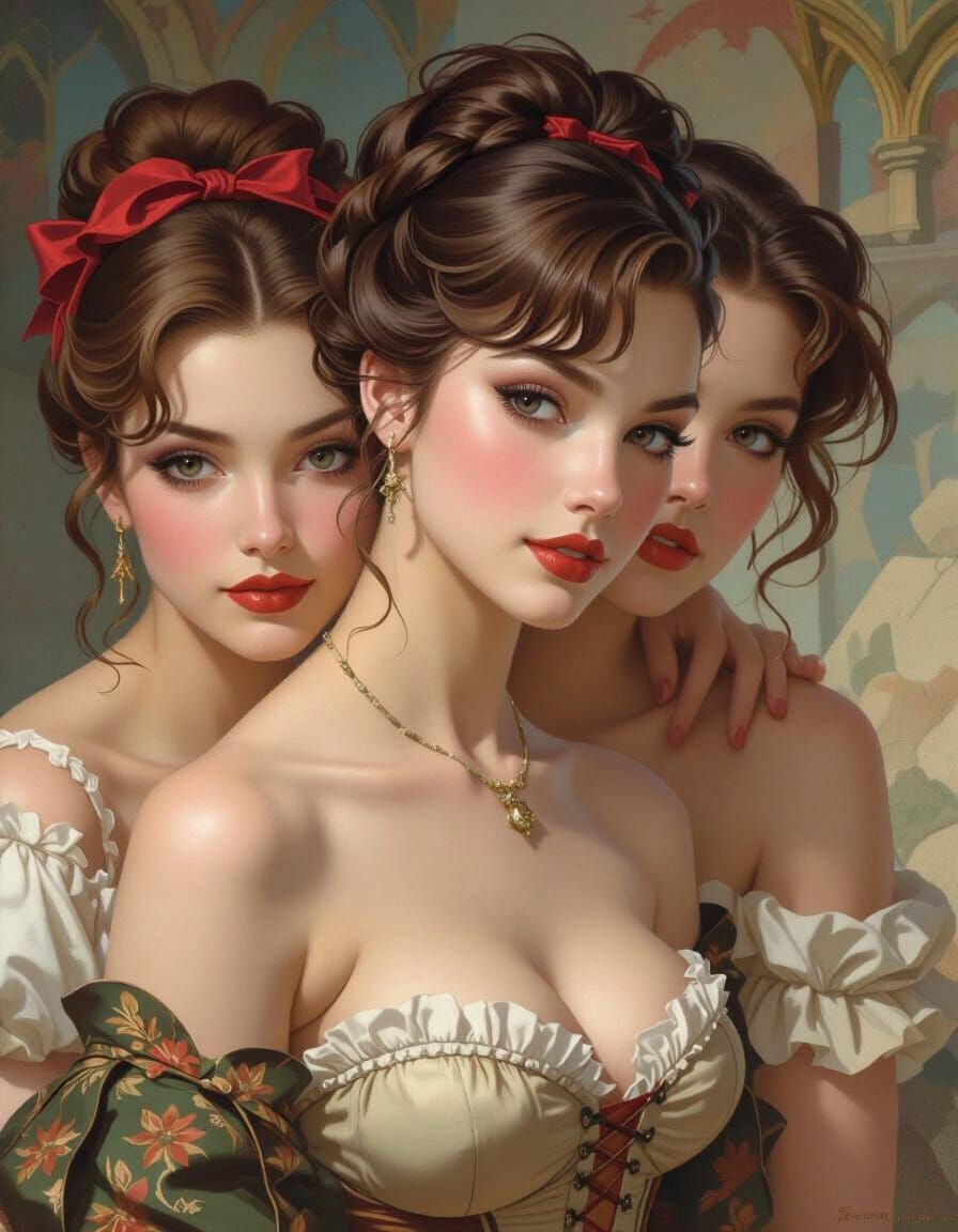 Anime Women in Baroque Fantasy, Gurney Style Painting