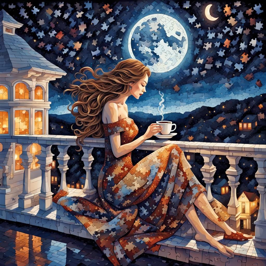 Puzzle Art: Woman Drinking Coffee Under the Moon