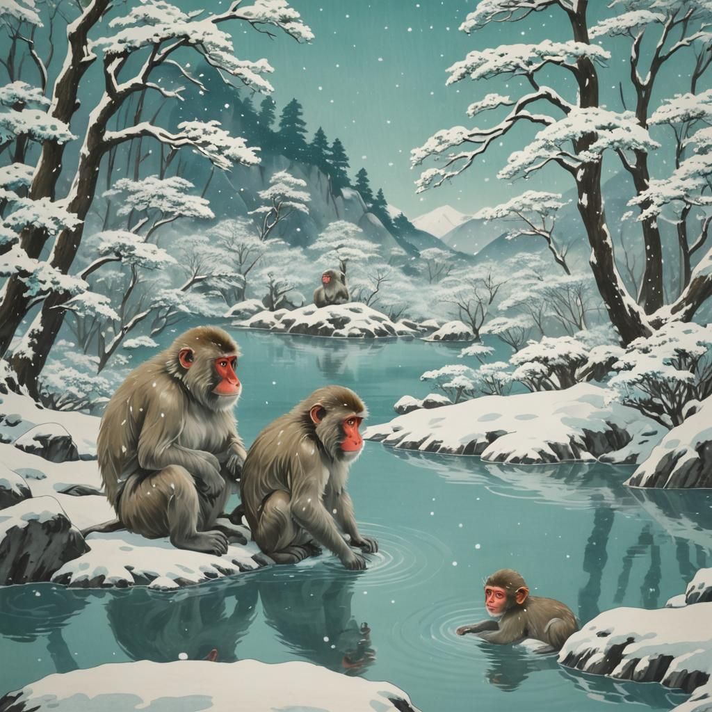 Snow Monkeys Bathing: An Ukiyo-e Winter Scene