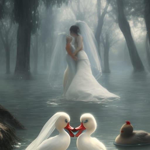 Women Kissing in Wedding Dresses with Ducks