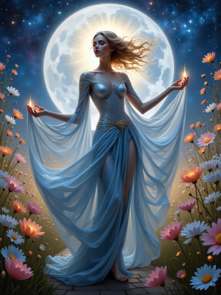 Celestial Goddess Amidst Ethereal Flowers in Cosmic Style