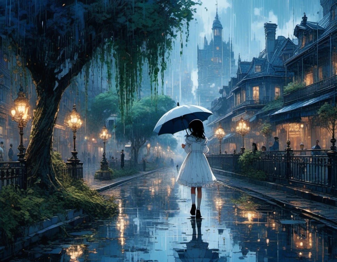 Indigo Girl in Victorian Cityscape with Umbrella